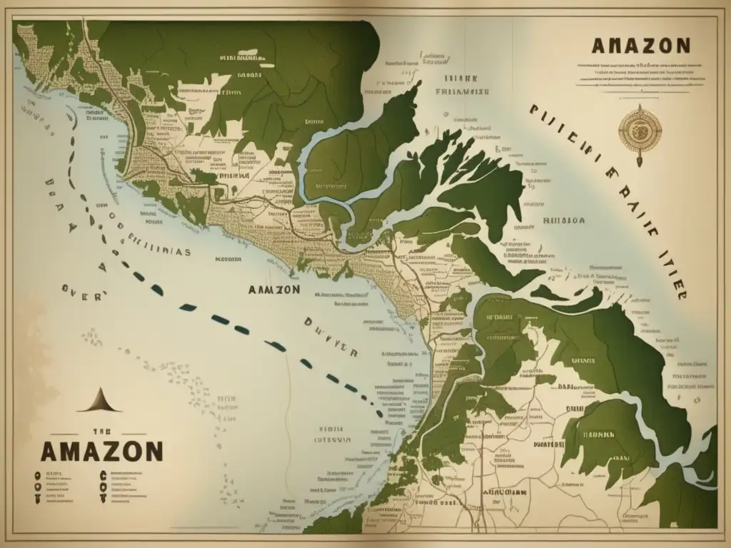 Mapa detallado del río Amazonas con tonos sepia