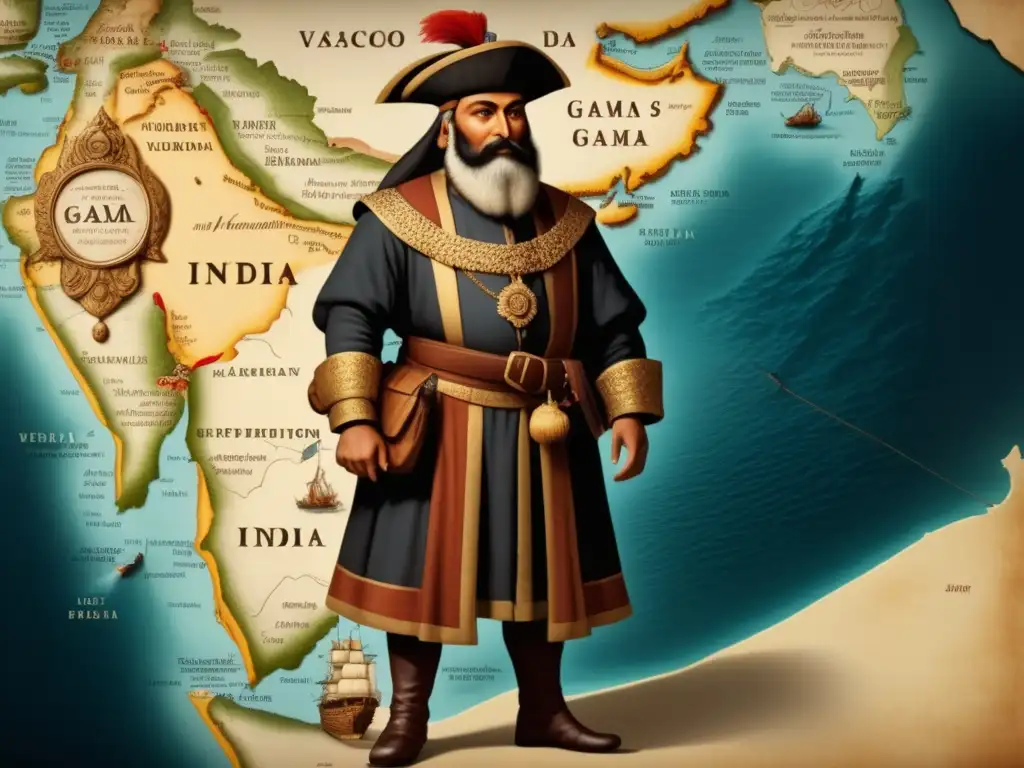 Mapa vintage de la expedición de Vasco da Gama a la India