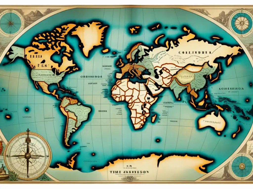 Mapa antiguo del mundo con detalles de expediciones marítimas históricas