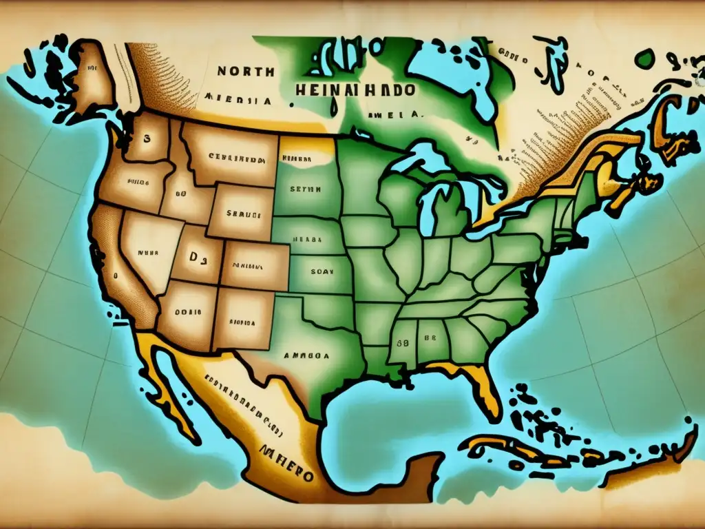 Mapa vintage del sureste de Norteamérica durante la expedición de Hernando de Soto y las culturas originarias