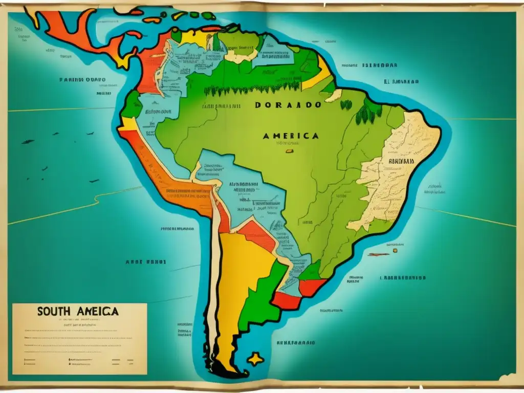 Descubrimiento de El Dorado: Mapa detallado de Sudamérica con paisajes exuberantes, exploradores buscando pistas en terrenos peligrosos