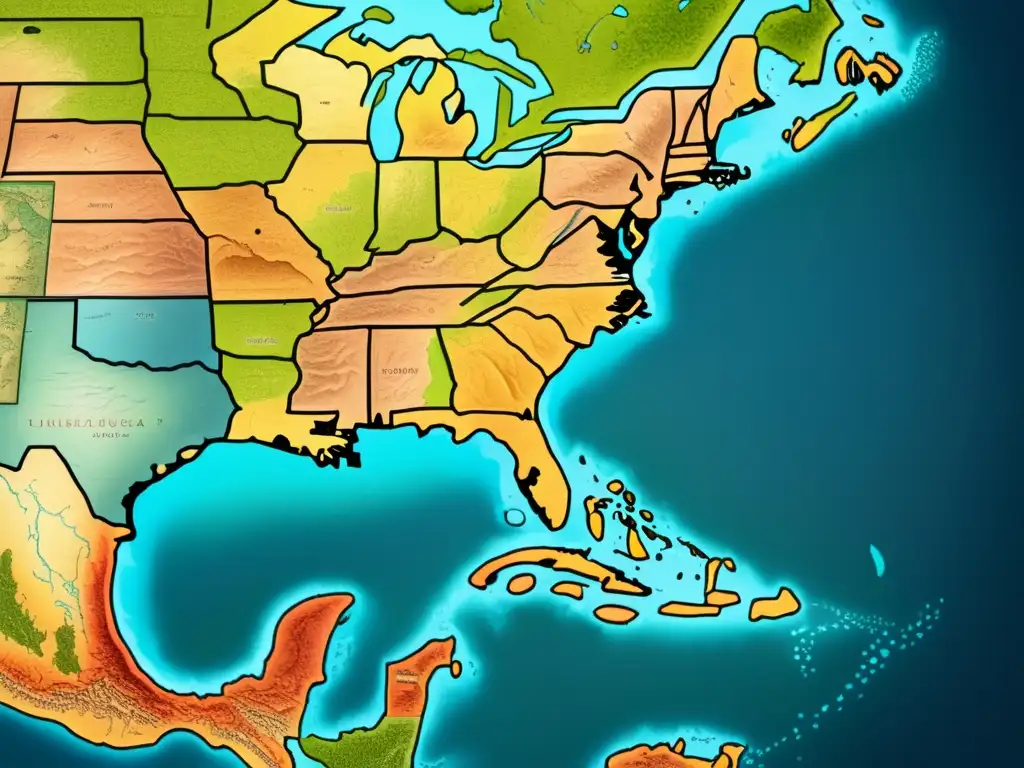 Mapa detallado de exploración del sureste norteamericano con Hernando de Soto liderando expedición