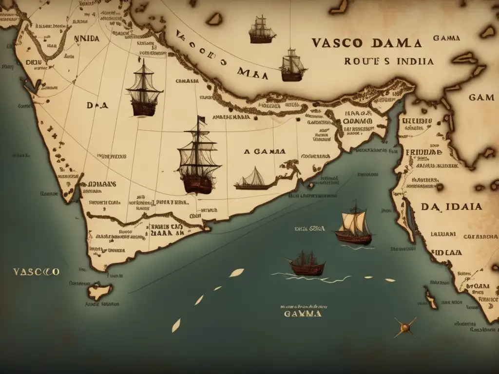 Ruta de Vasco da Gama hacia la India - Mapa vintage con tonos sepia y detalles históricos