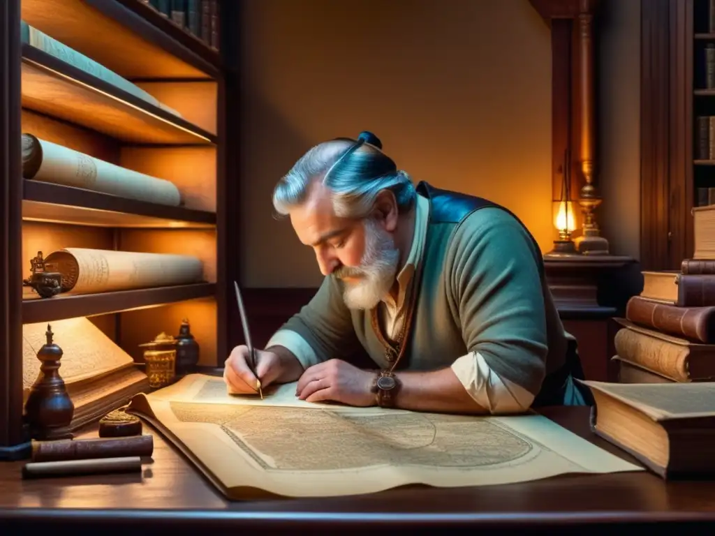 Mapmaker antiguo creando detallados mapas a mano con quill pen y luz cálida+Cartografía antigua vs moderna: Un análisis de cómo han cambiado los mapas