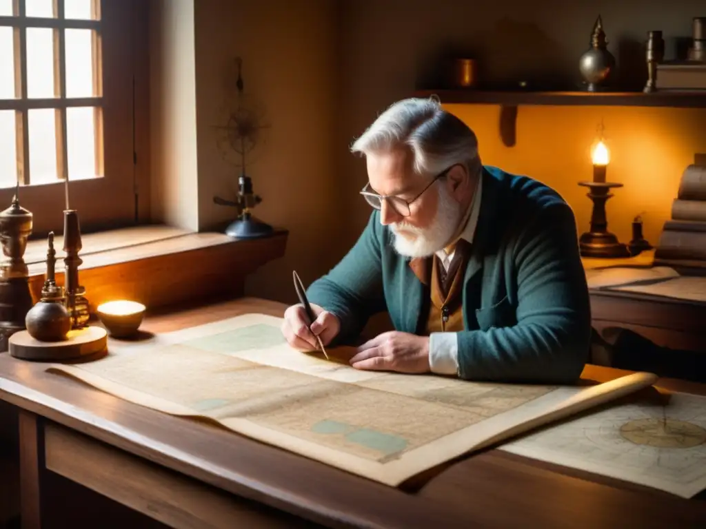 Maestro cartógrafo en su estudio vintage Mapmaker dibujando mapas antiguos en una habitación nostálgica