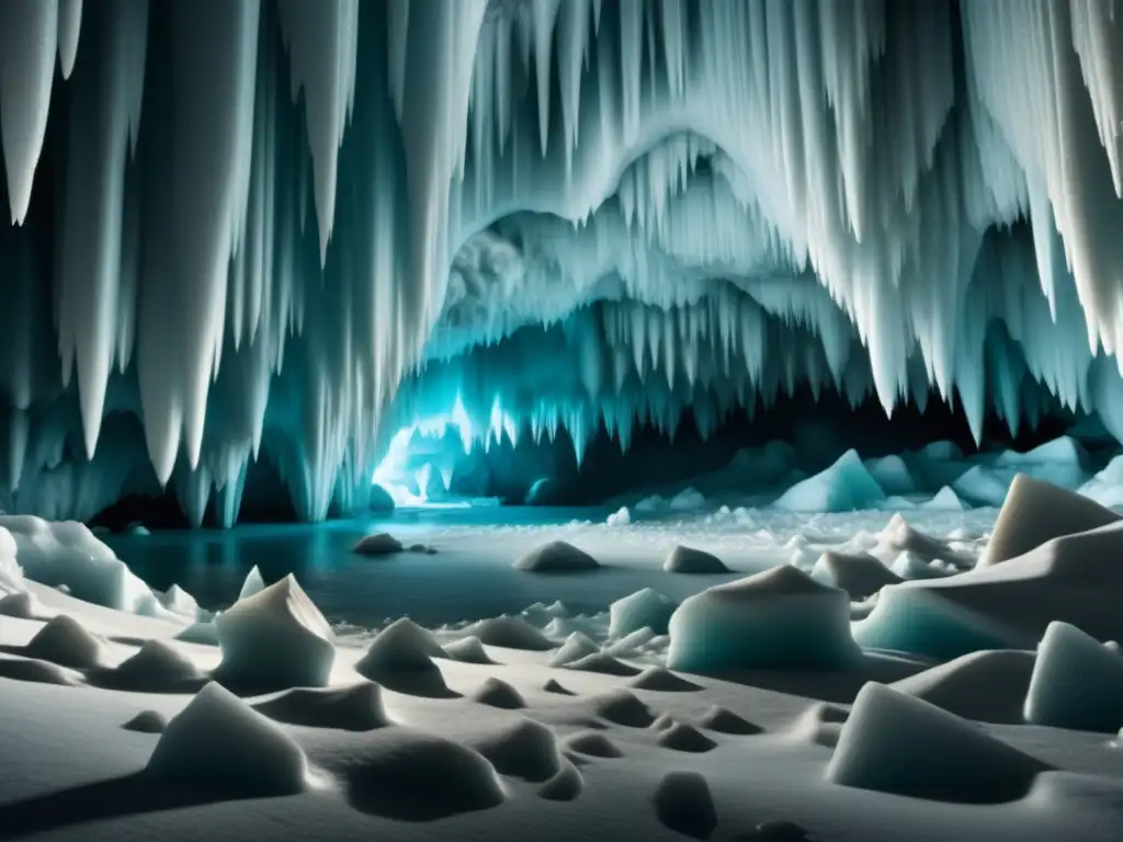 Cuevas de hielo en la Antártida: Imagen 8k de una misteriosa y cautivante cueva subterránea de hielo, iluminada con suave luz etérea