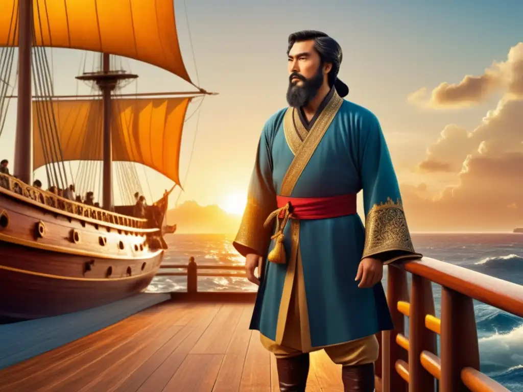 Marco Polo: Un viaje al lejano Oriente, en un barco con velas y detalles dorados, mirando hacia el horizonte infinito del mar