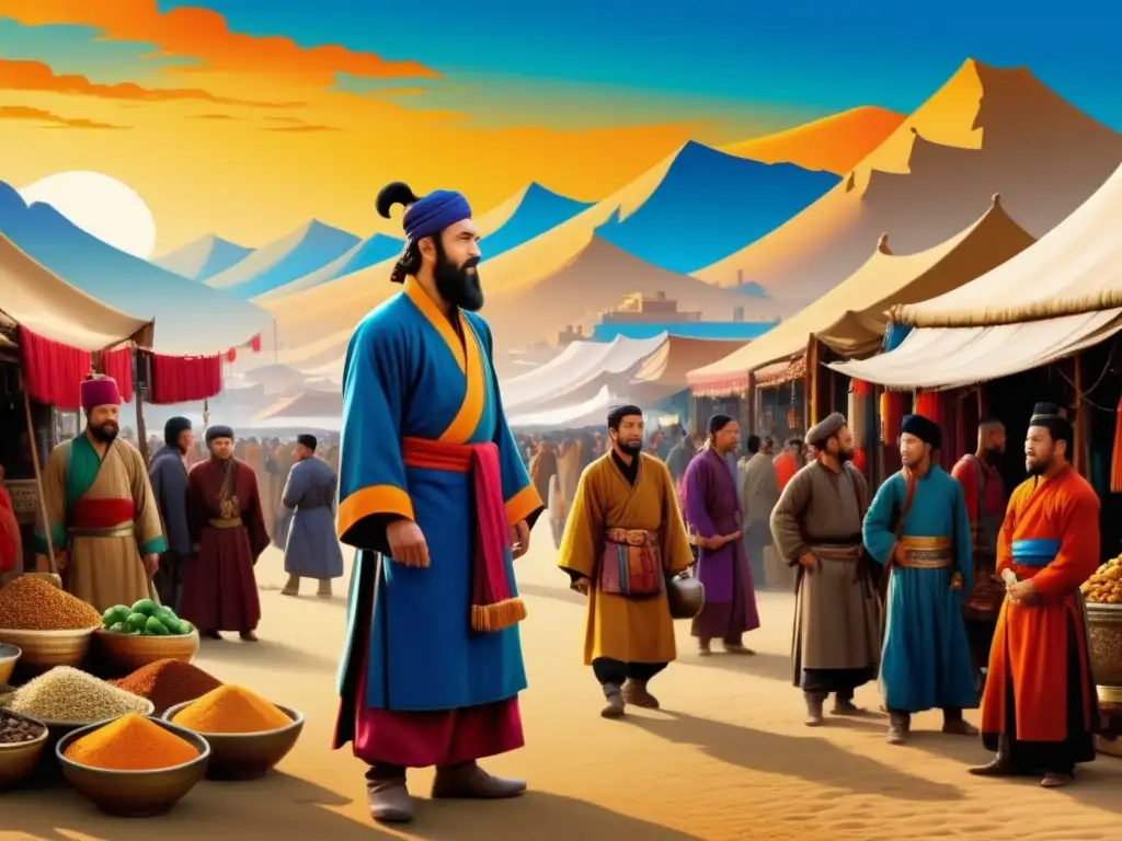 Marco Polo: Pionero del lejano Oriente, mercado vibrante de la Ruta de la Seda (110 caracteres)