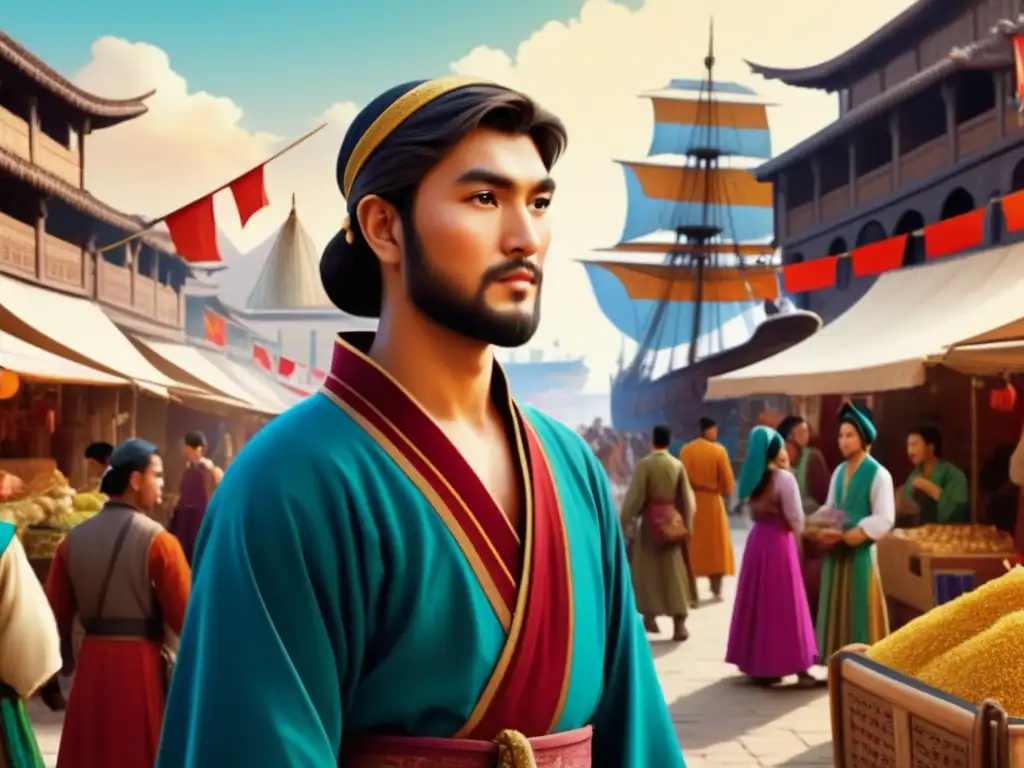 Marco Polo, explorador del Oriente: una imagen detallada del joven Marco Polo en un bullicioso mercado, rodeado de colores vibrantes y bienes exóticos