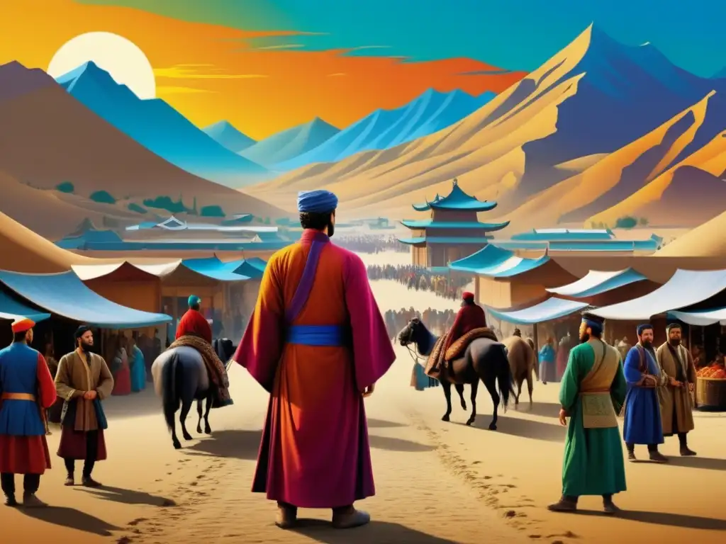Marco Polo en la mítica Ruta de la Seda Marco Polo en Ruta de la Seda: escena vibrante de la legendaria ruta comercial con montañas, desiertos y oasis
