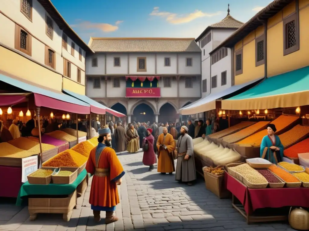 Marco Polo, explorador del lejano Oriente en un bullicioso mercado medieval -