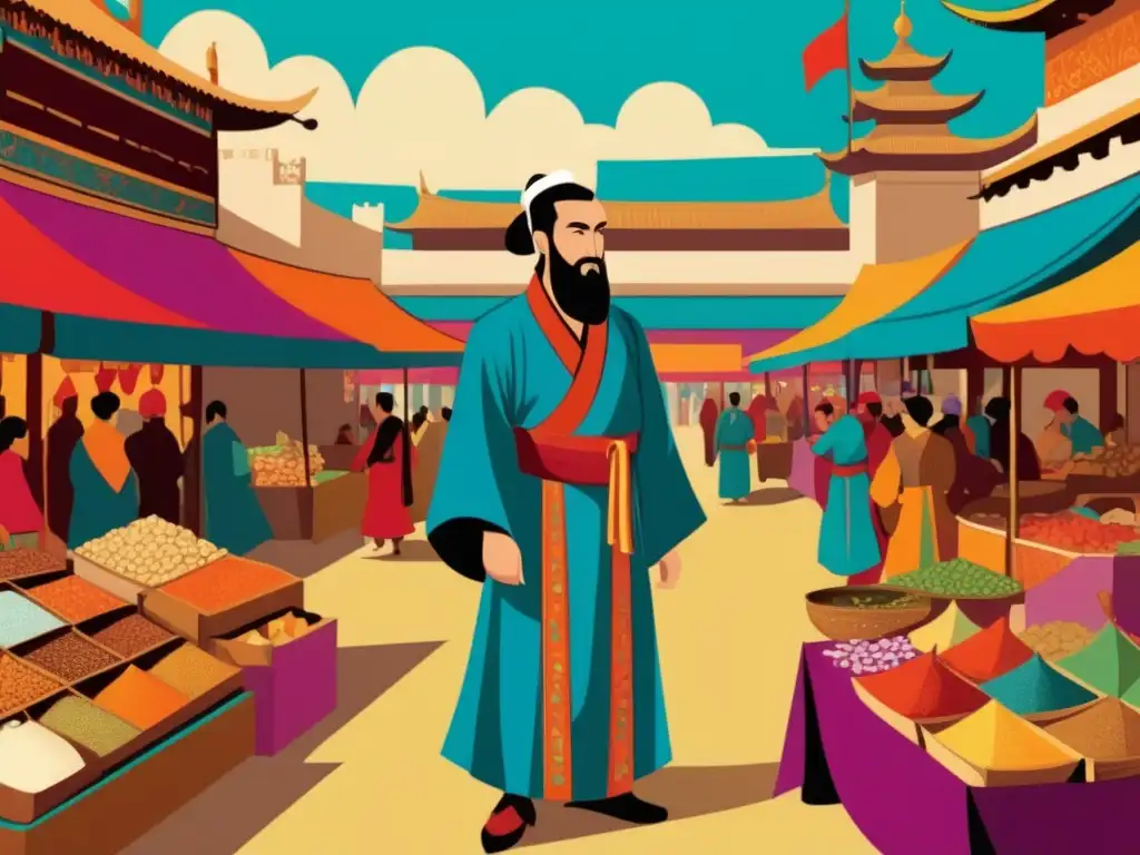 La increíble aventura de Marco Polo en el lejano Oriente, ilustración vintage de un bullicioso mercado oriental con mercancías exóticas