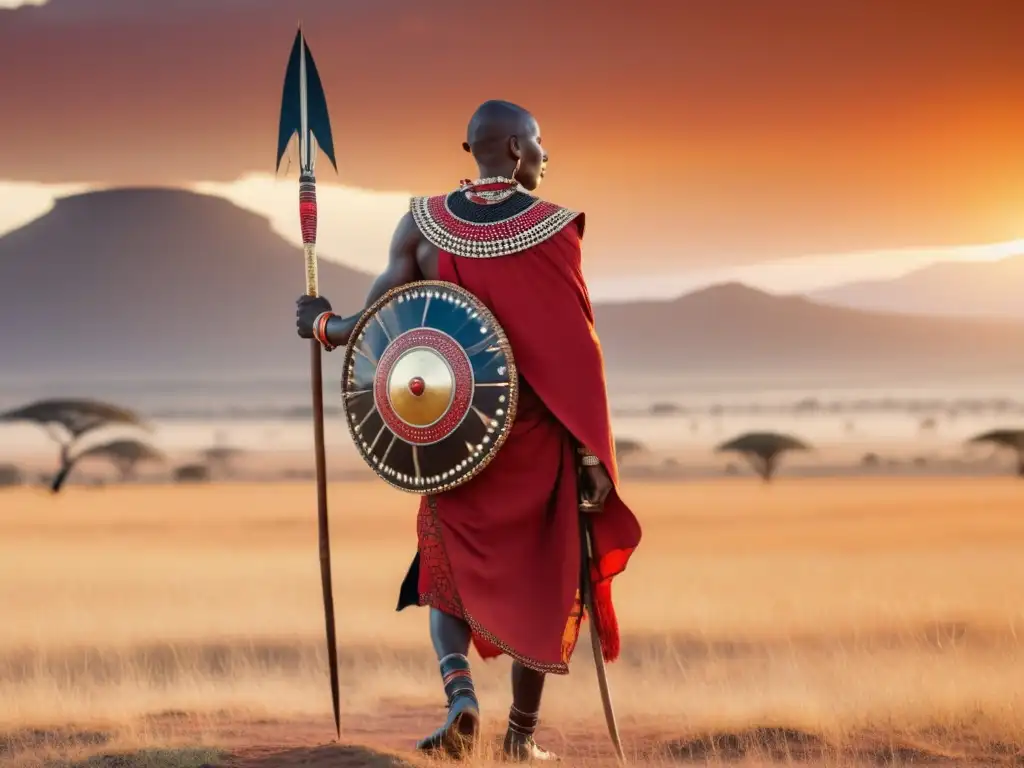 Masai warrior in vibrant red robes, holding spear and shield, amidst African savannah