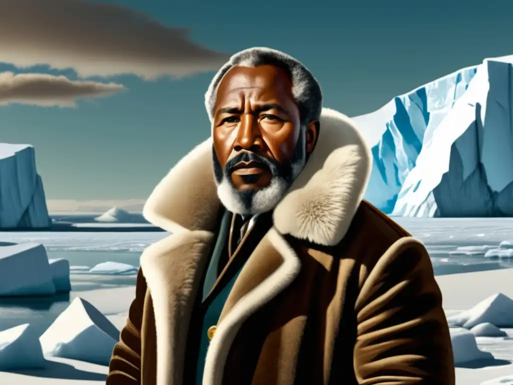 Matthew Henson en paisaje ártico, vintage y detallado, con hielo y mapa en mano