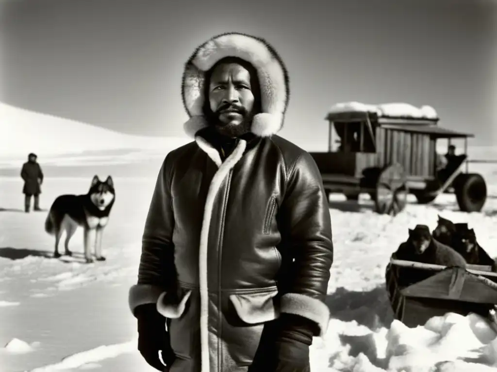 Matthew Henson en paisaje nevado, con ropa de invierno y perros en exploración polar