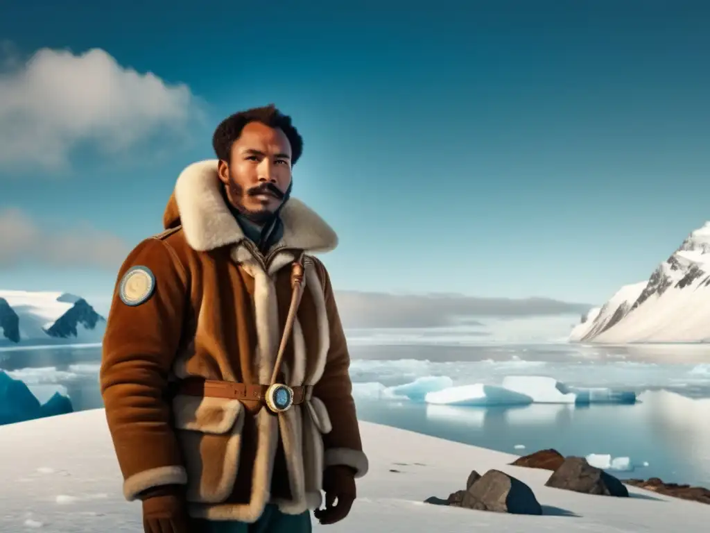 Matthew Henson en paisaje ártico con brillo de hielo y montañas nevadas