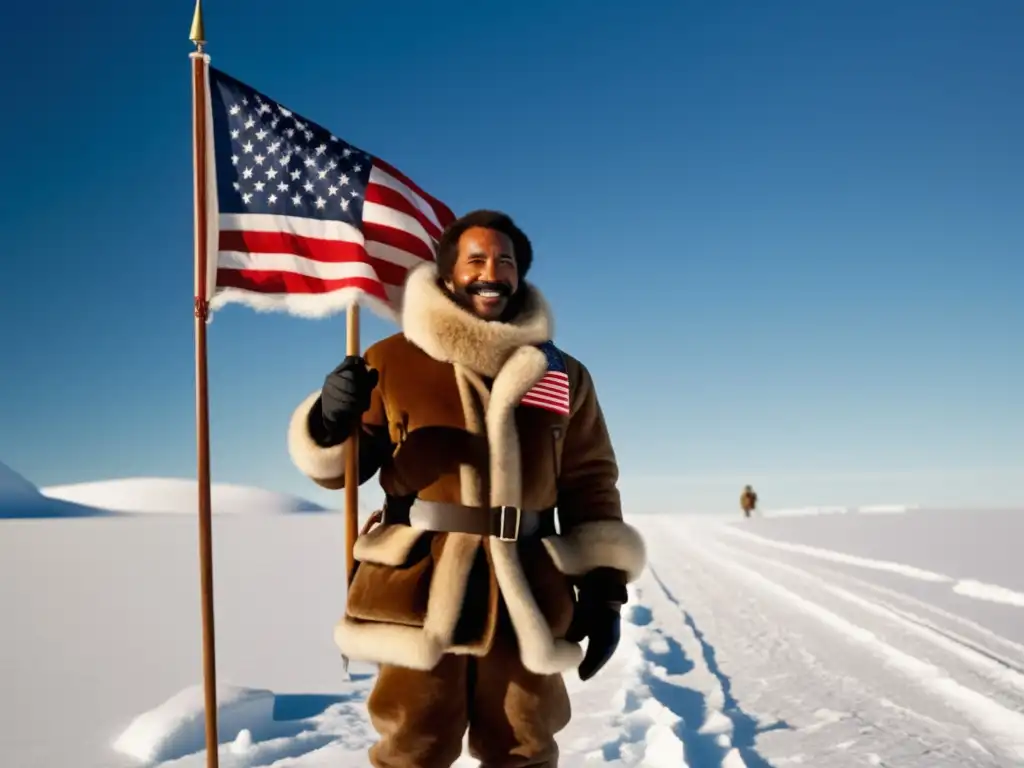 Matthew Henson en el Polo Norte, vestido de explorador con perros y bandera estadounidense