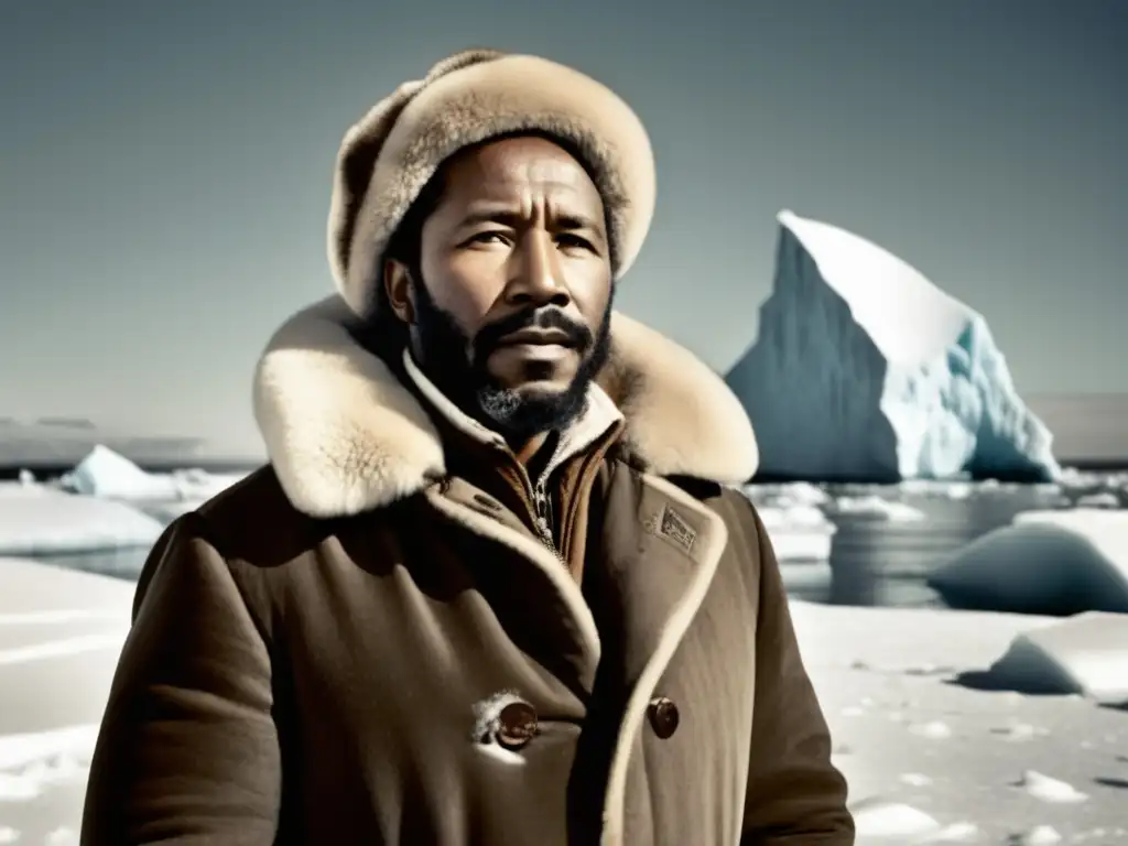 Matthew Henson en paisaje polar con determinación y resiliencia