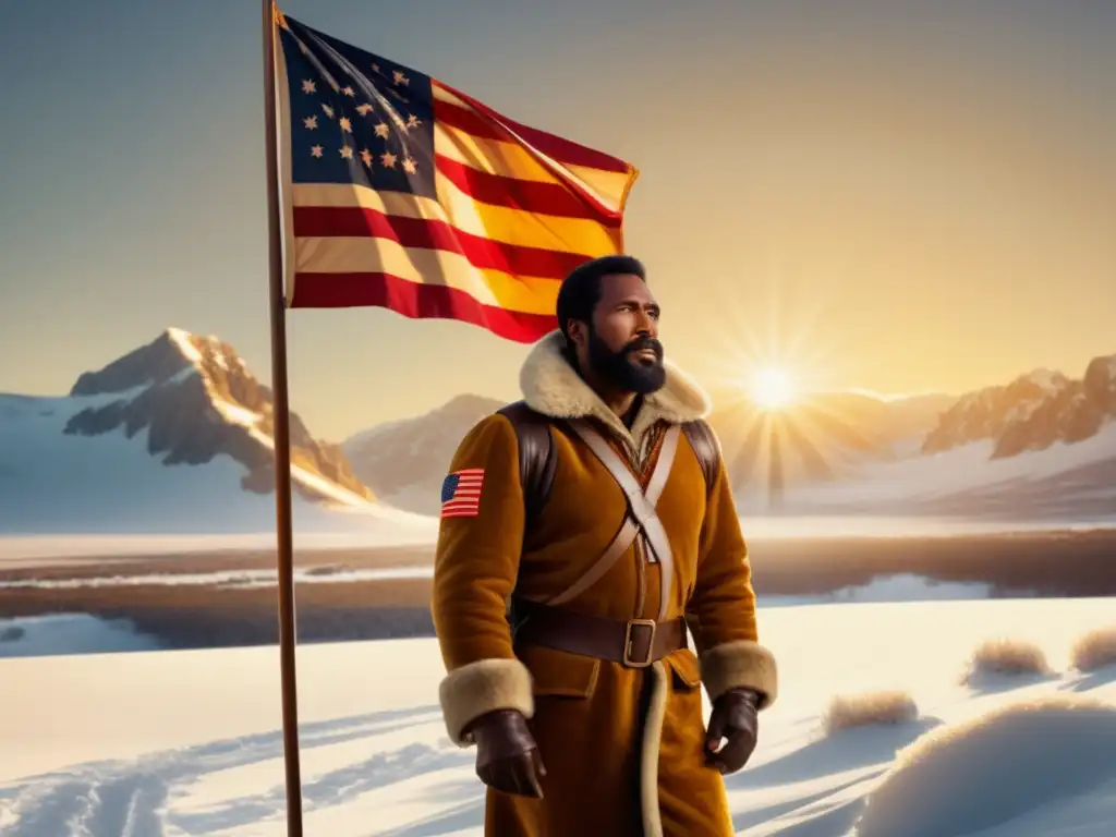 Matthew Henson triunfa con bandera en paisaje nevado, ataviado de explorador vintage bajo cálido sol dorado