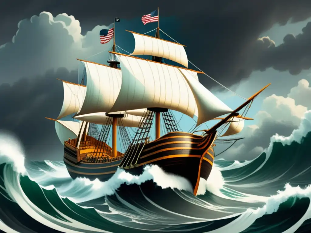 Travesía del Mayflower: Ilustración vintage del barco cruzando un mar tempestuoso, desafiando las olas y reflejando el coraje de los peregrinos