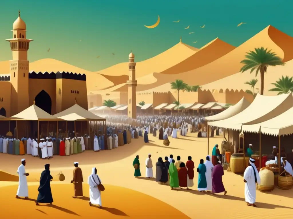 Mercado antiguo en Arabia, con peregrinos del Hajj y diversidad cultural