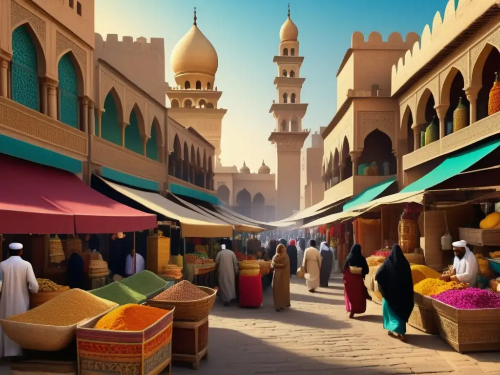 Mercado bullicioso en antigua ciudad del Medio Oriente: El Hajj: Un Viaje Inolvidable a través de las Antiguas Rutas Islámicas