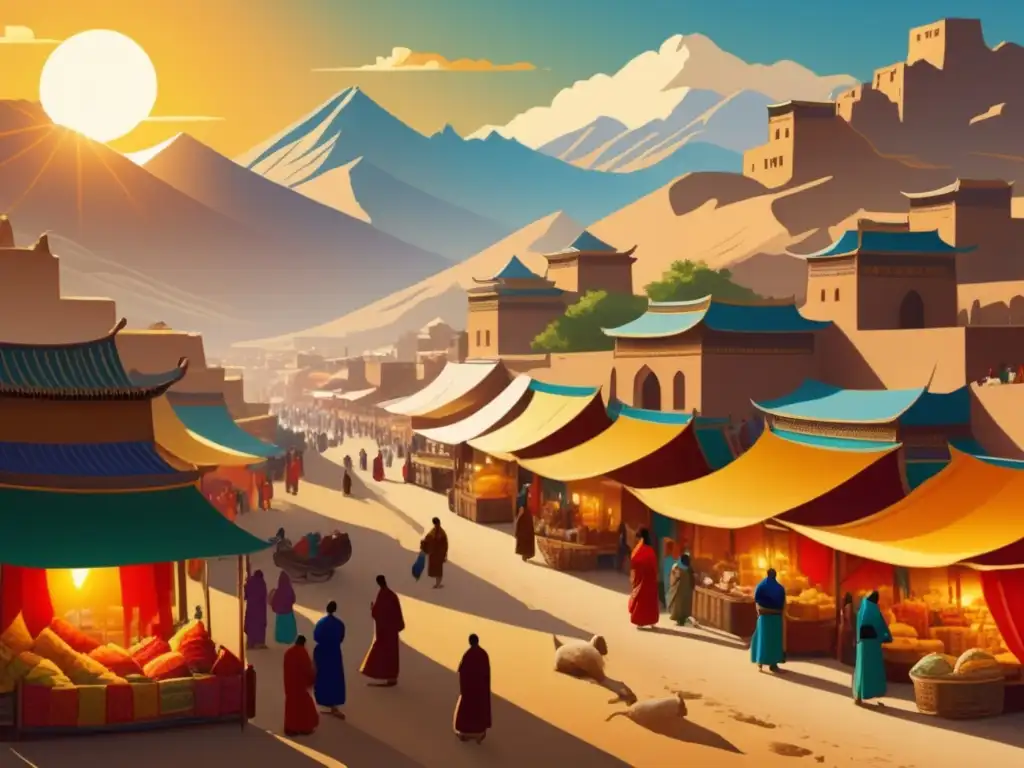 Ilustración vintage de un animado mercado antiguo en la Ruta de la Seda, evocando la esencia del viaje de Marco Polo a China