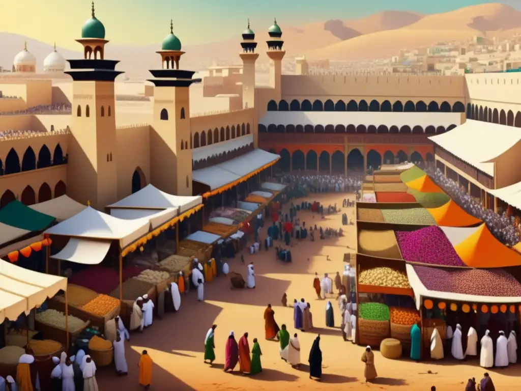 Ilustración de mercado antiguo en ruta del Hajj con diversidad cultural y arquitectura vibrante