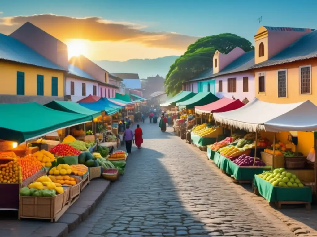 Un vibrante mercado local en una ciudad colonial, con vendedores indígenas, frutas y artesanías coloridas, calles empedradas y una iglesia antigua