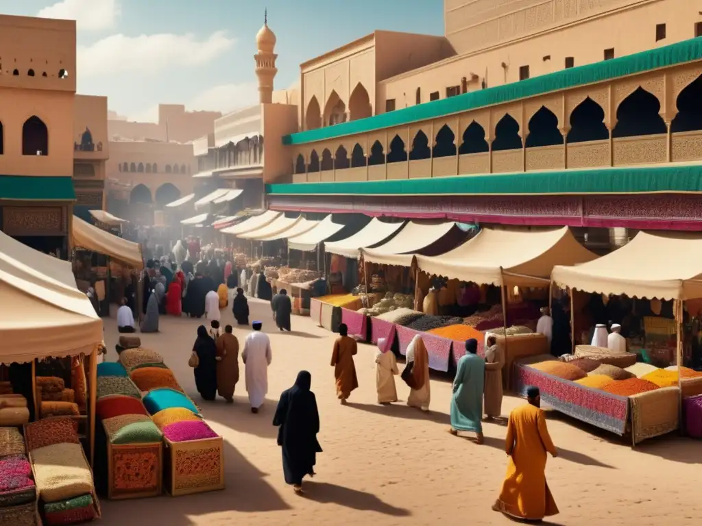 Los desafíos de las misiones cristianas en tierras islámicas: Mercado vibrante con colores y detalles intrincados en una ciudad del Medio Oriente