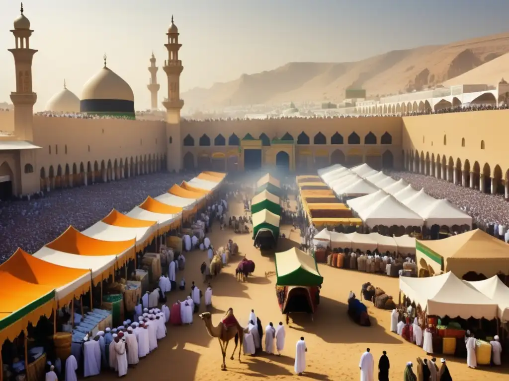 Escena animada de un mercado en las rutas del Hajj, con tiendas coloridas y camellos cargados - De la Fe a la Geografía: Rastreando las Rutas del Hajj