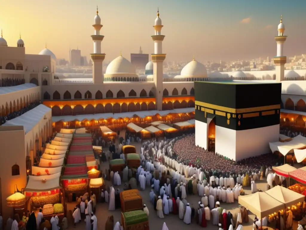 Ilustración detallada de un bullicioso mercado en las Rutas del Hajj, con arquitectura vibrante, comerciantes y mezquitas