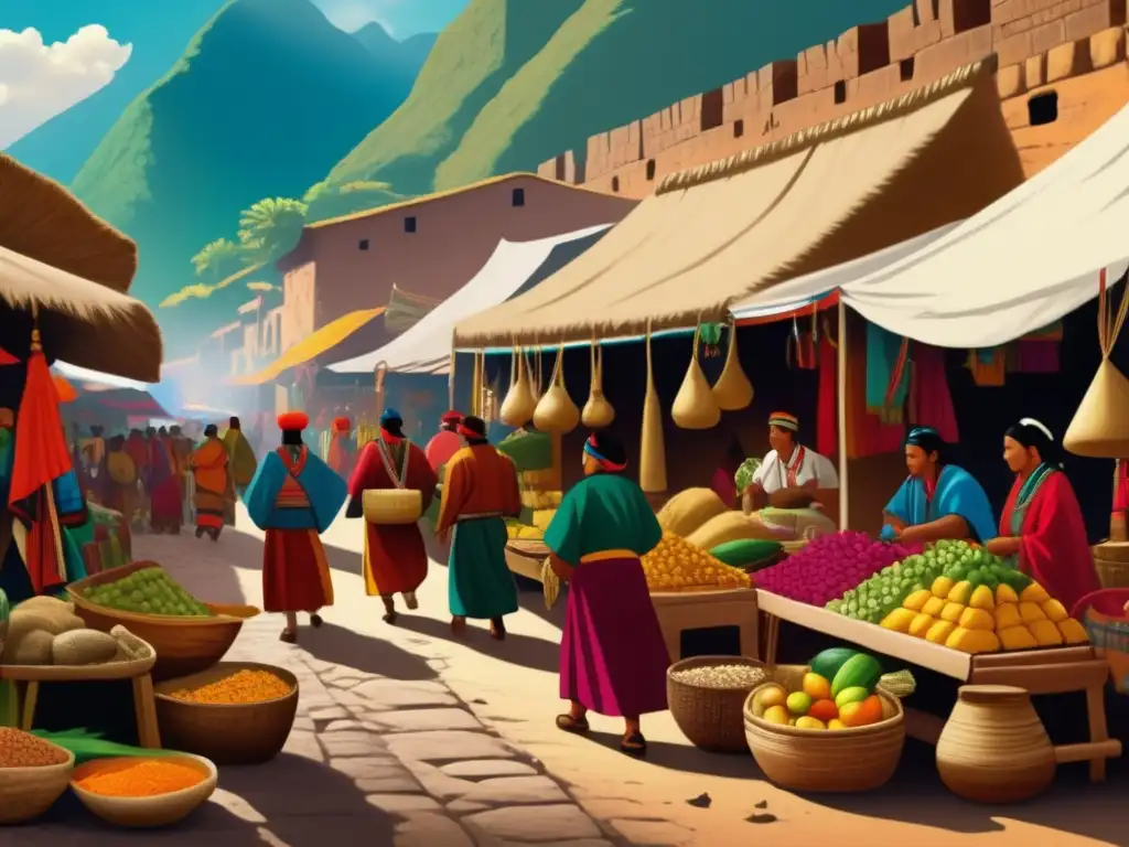 Mercado Inca vibrante con montañas y arquitectura, en un estilo vintage