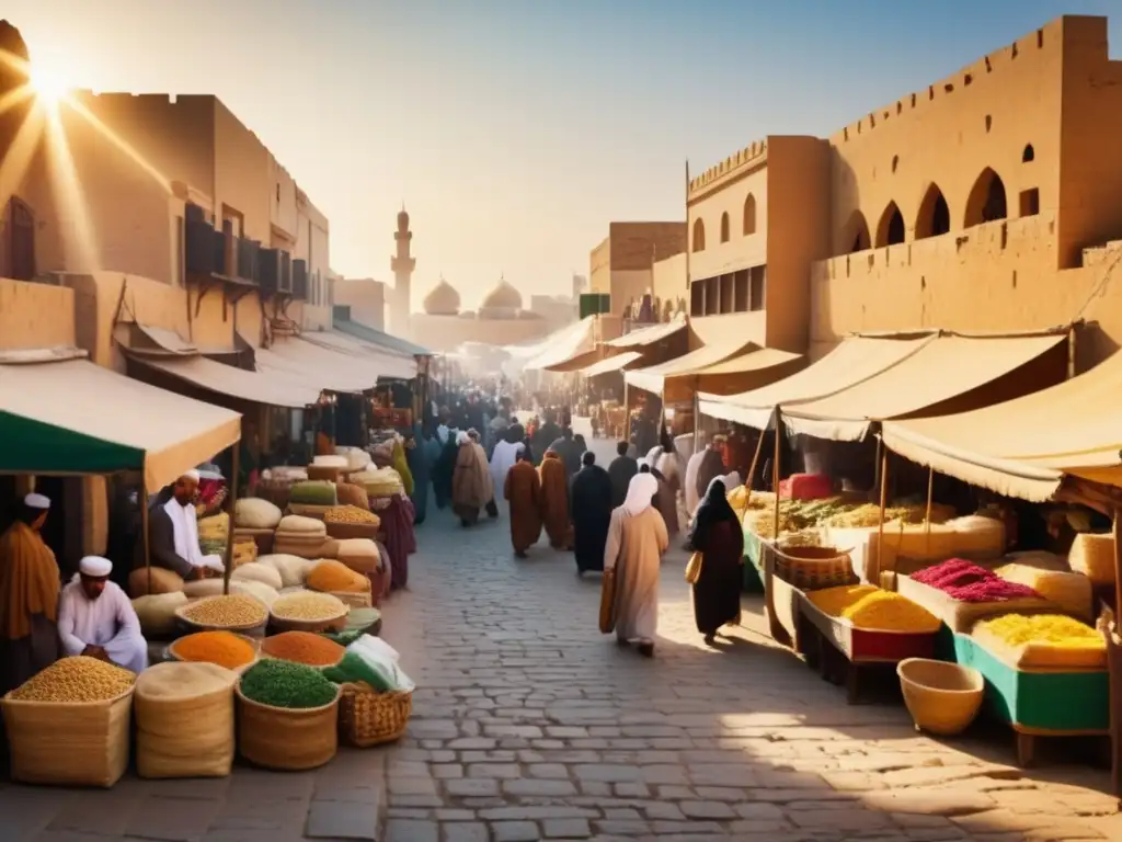 Mercado matutino en ciudad del Medio Oriente, con colores vibrantes, aromas exóticos y cultura diversa