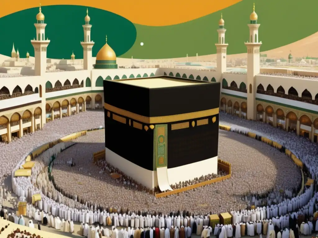 Ilustración detallada de un mercado bullicioso en La Meca durante la peregrinación del Hajj