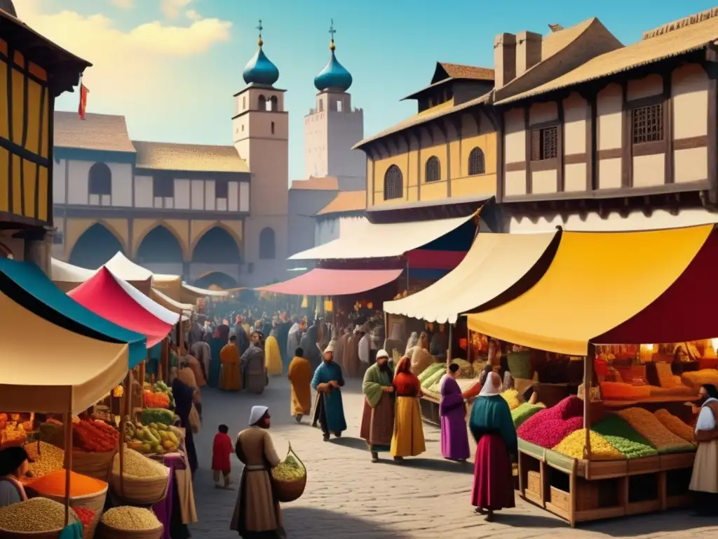 Mercado medieval con intercambio cultural y comercio, reflejando el impacto de Marco Polo en la apertura del Oriente al mundo occidental