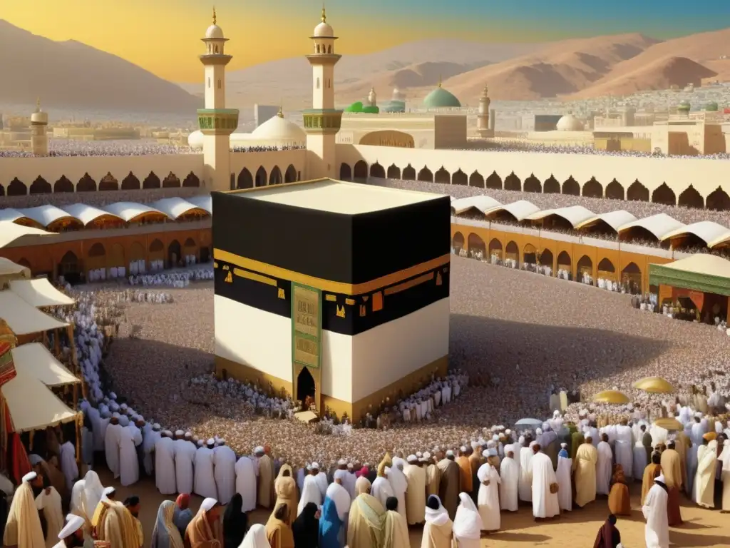 Escena vibrante en el mercado de Mecca durante el Hajj, con personas de diferentes culturas y tradiciones