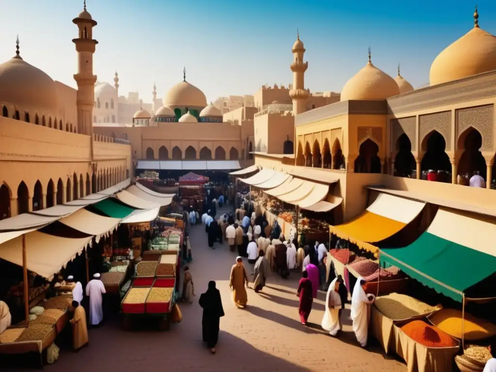 Desafíos de misiones cristianas en tierras islámicas - Mercado vibrante en una ciudad del Medio Oriente con mezquita y cultura diversa