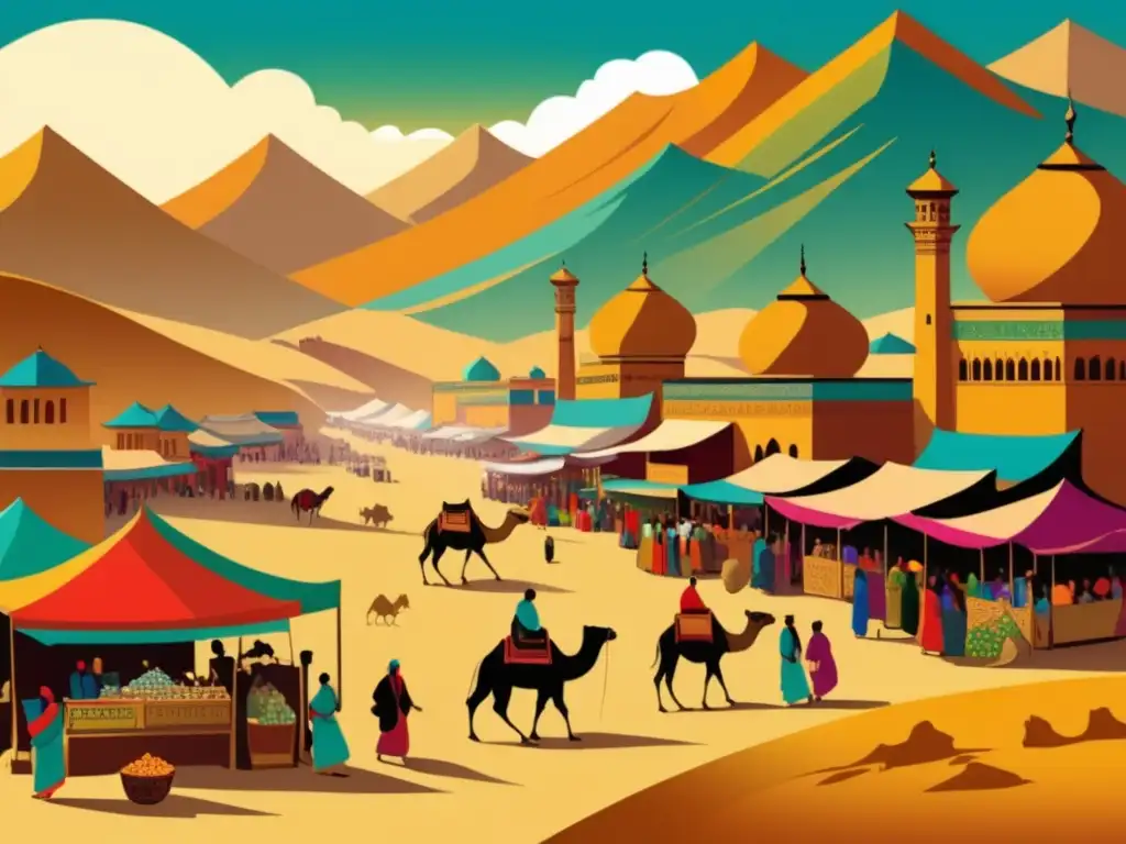 Mercado vibrante en la Ruta de la Seda Ruta de la Seda: Ilustración vintage de un animado mercado en una ciudad oasis rodeada de dunas y montañas