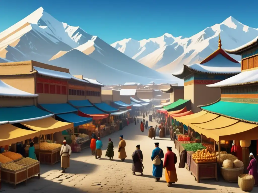 Mercado de la Ruta de la Seda: Xuanzang, montañas nevadas, comercio, cultura y tradiciones en una imagen vibrante