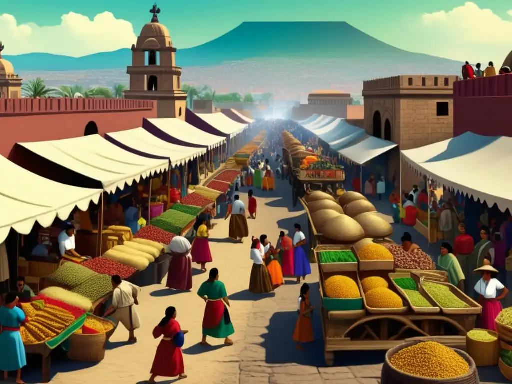 Mercado vibrante en Tenochtitlan en la época de la conquista de México: enfermedades y epidemias