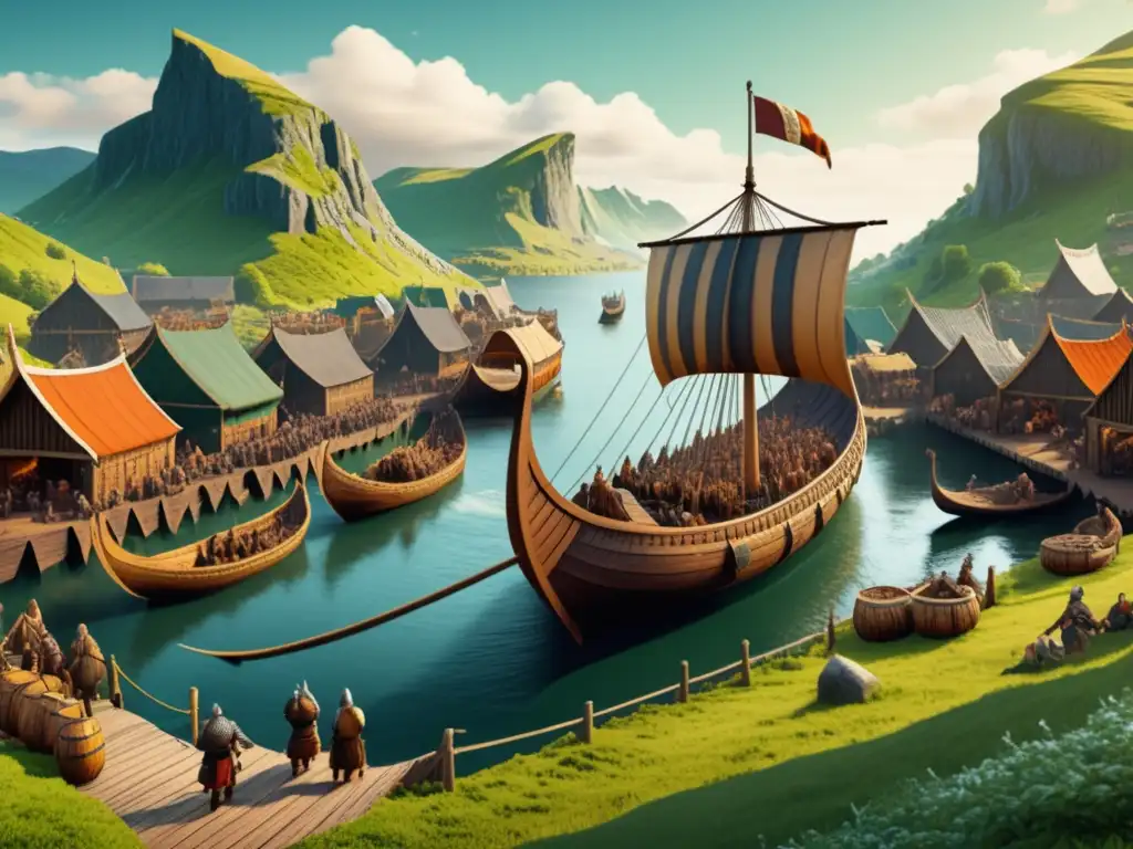 La Saga Vikinga: Ilustración detallada del mercado vikingo, barcos, intercambio cultural y legado histórico