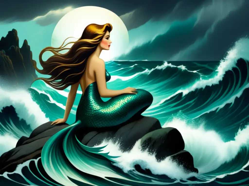 Ilustración de una cautivadora portada de libro vintage con una sirena en medio de un mar tormentoso