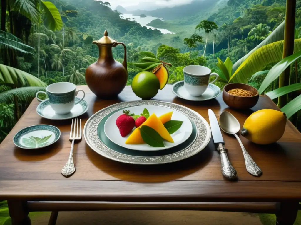 Mesa de madera vintage en selva tropical con vajilla antigua, frutas exóticas y gastronomía en expediciones