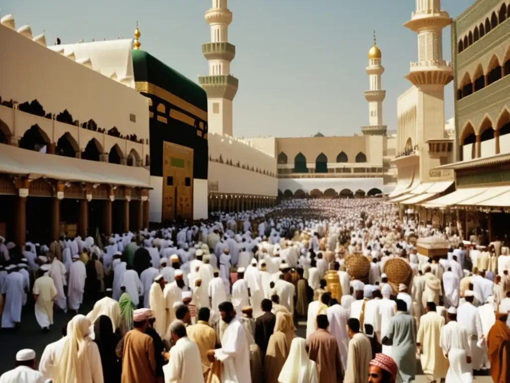 Peregrinaje Sagrado: Calle bulliciosa en La Meca durante el Hajj, con arquitectura árabe tradicional y peregrinos de diferentes culturas