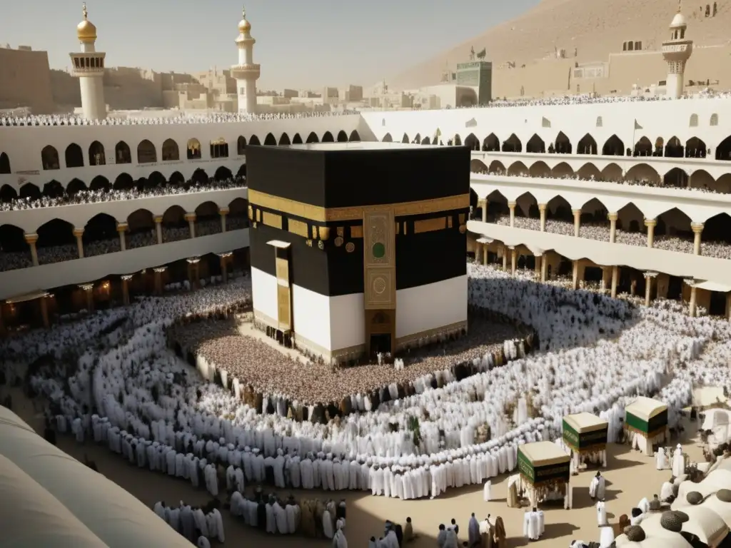 Expediciones Religiosas: El Fascinante Viaje del Hajj en una vibrante imagen en blanco y negro de un animado patio en Mecca durante la peregrinación