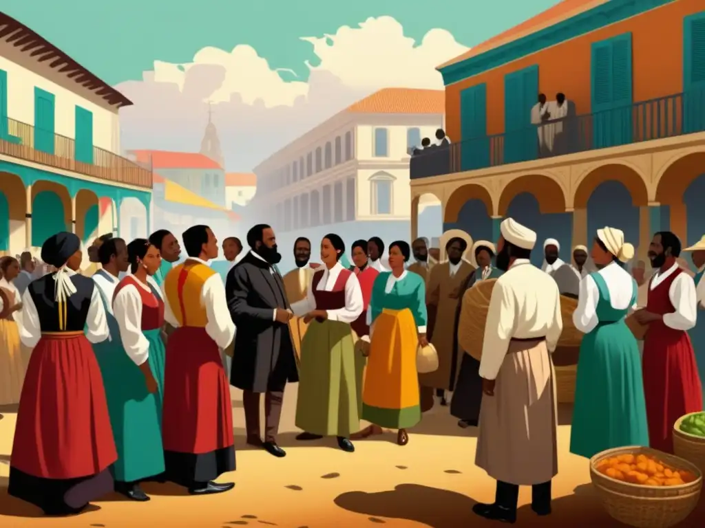 Misiones cristianas y la abolición de la esclavitud en una ilustración detallada de alta resolución en un mercado colonial vibrante