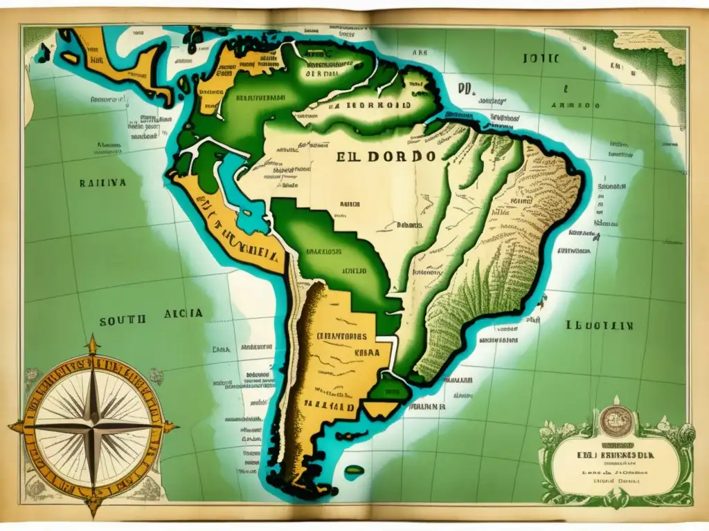 Mapa vintage de Sudamérica con la mítica ciudad de El Dorado, rodeada de exuberante naturaleza y ríos brillantes