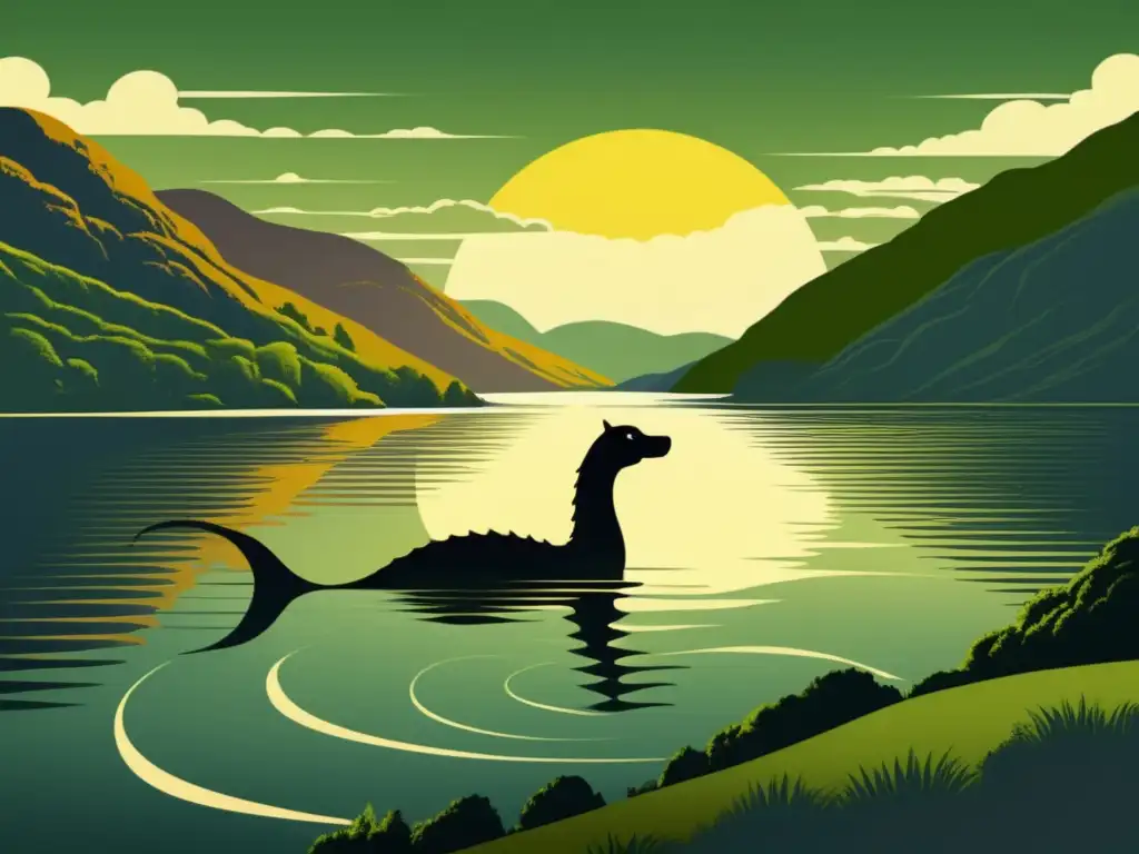 Paisaje misterioso del Lago Ness con el Monstruo del Lago Ness