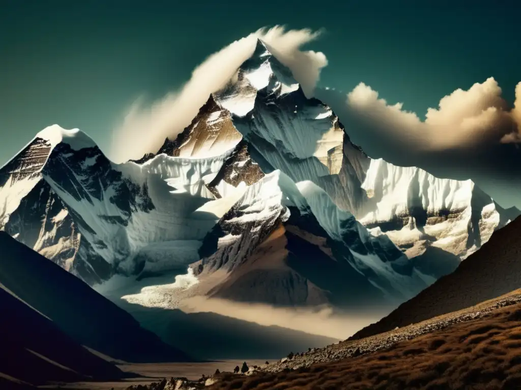 Imagen impresionante de la misteriosa montaña Everest, con su cima envuelta en nubes etéreas